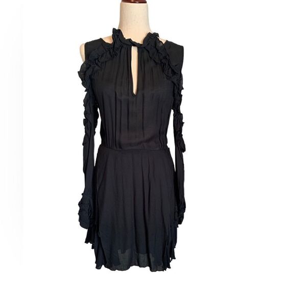 Iro Hanie Black Cold Shoulder Ruffle Mini Dress| Size 8 - Picture 6 of 10